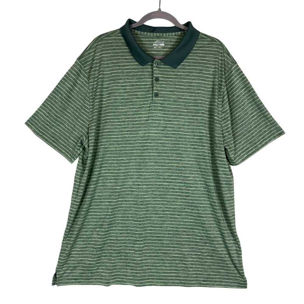 BCG Polo Shirt Mens 2XL Green Stripe Golf Short Sleeve Performance Knit